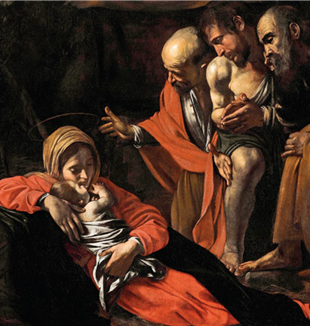 Caravaggio, "Adoración de los pastores" (detalle), 1609. Museo Regional de Messina