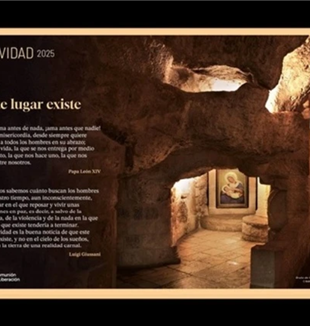 Imagen del Cartel de Navidad 2025 de Comunión y Liberación, la Gruta de la Leche en Belén (©Andrey Shevchenko/Alamy)